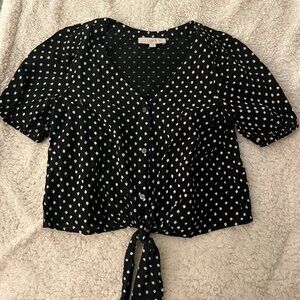 LOFT Ann Taylor Black & White Polka Dot Tie-Front Blouse Size S Puff Sleeve